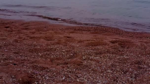 Текстура поверхности воды, рябь и волна, текстура красный морской песок, закат блеск воды фон. Красный пляж и песок — стоковое видео