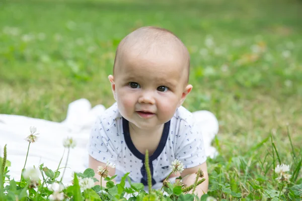 Baby girl crawling on the grass. Selective focus her eyes. — Stock Photo, Image