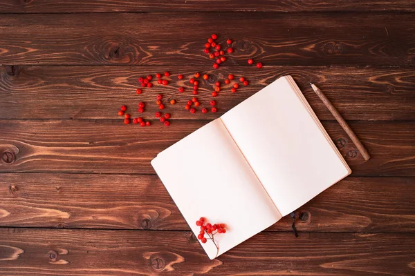 Caderno branco aberto em branco, lápis de madeira e ashberry vermelho na mesa de madeira — Fotografia de Stock