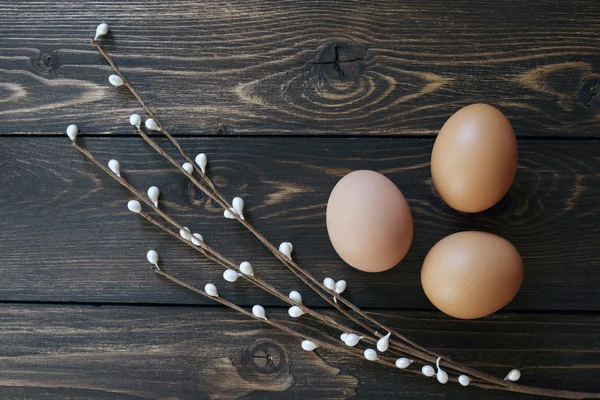 Easter egg in the nest on rustic wooden background — Stock Photo, Image