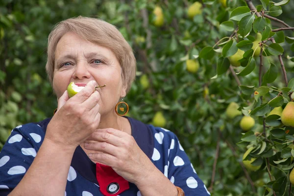 Συνταξιούχος γυναίκα τρώει αχλάδι κάτω από το δέντρο αχλαδιών — Φωτογραφία Αρχείου