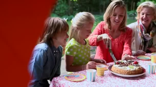 Жінка ріже торт на день народження — стокове відео