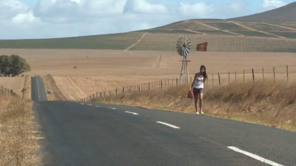 Vrouw wandelen langs een weg — Stockvideo