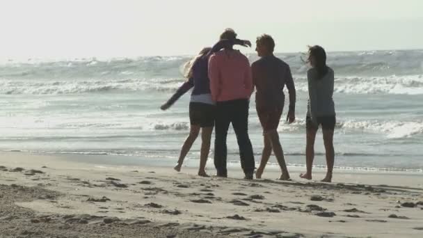 Amigos correndo ao longo de uma praia — Vídeo de Stock