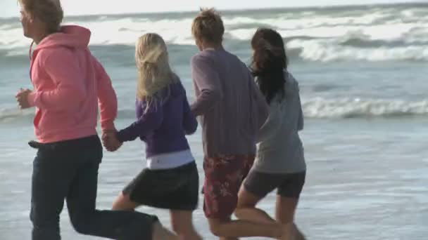 Amigos correndo ao longo de uma praia — Vídeo de Stock