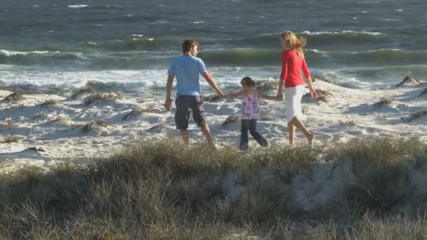 Familia caminando a lo largo de la playa — Vídeo de stock