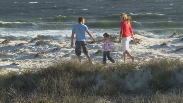 Famiglia che cammina lungo la spiaggia — Video Stock