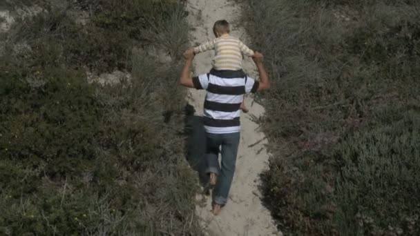 Père portant fils à la plage — Video