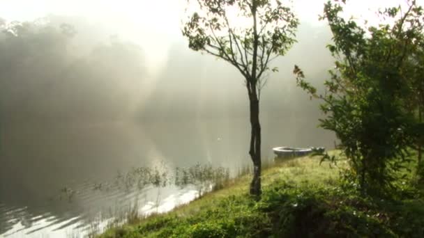 Båten förtöjd vid floden — Stockvideo