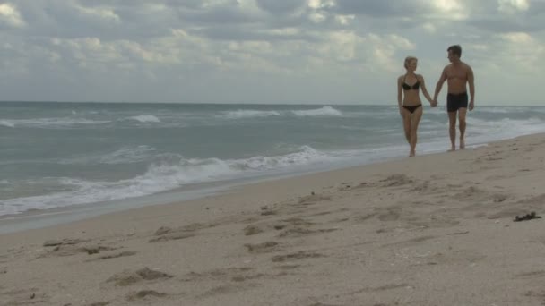 Ζευγάρι περπατά κατά μήκος μιας παραλίας — Αρχείο Βίντεο