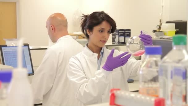 Female scientist looking at liquid — Stock Video