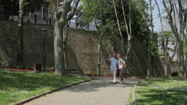 Пожилая пара, гуляющая в парке — стоковое видео