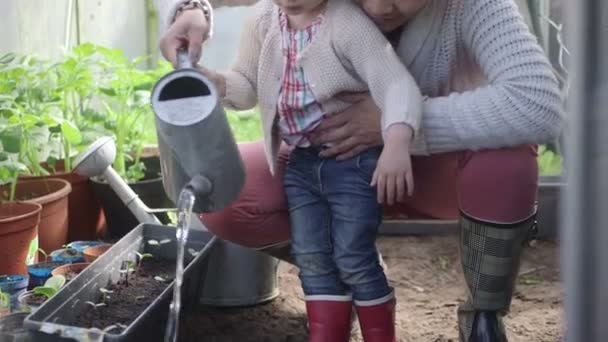 Mutter lehrt Tochter beim Pflanzen — Stockvideo