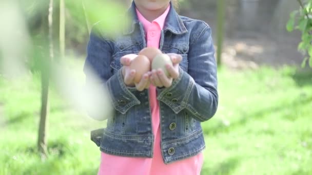 Lány gazdaság tojás — Stock videók
