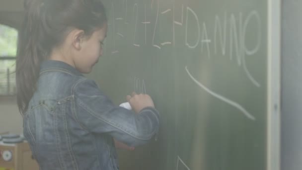 Menina escrevendo no quadro negro — Vídeo de Stock