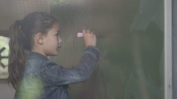 Девушка пишет на доске — стоковое видео