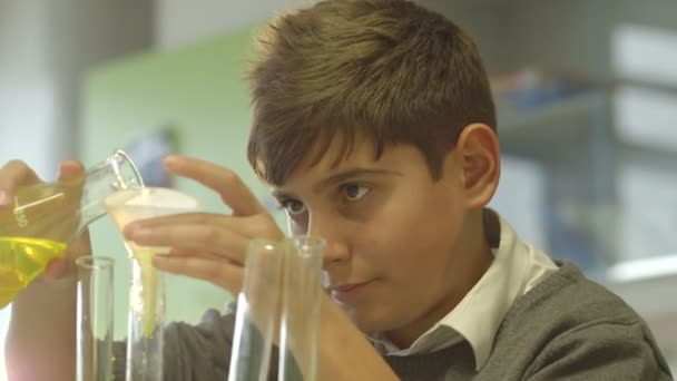 Pouring chemical into test tubes — Stock Video