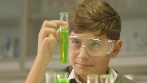 Boy watching at test tube — Stock Video