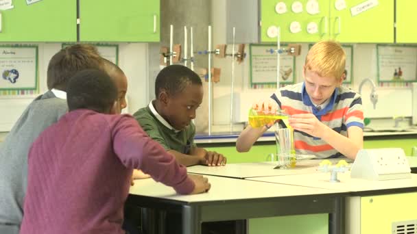 Schüler gießen Chemikalien ein — Stockvideo