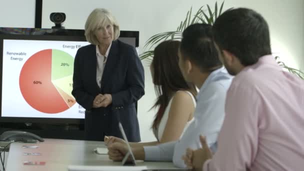 Empresária explicando na sala de bordo — Vídeo de Stock