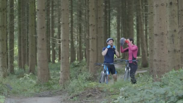 Pareja tomando un descanso en el bosque — Vídeos de Stock