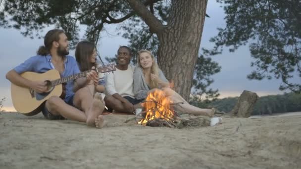 Amigos disfrutando de música cerca de fogata — Vídeo de stock