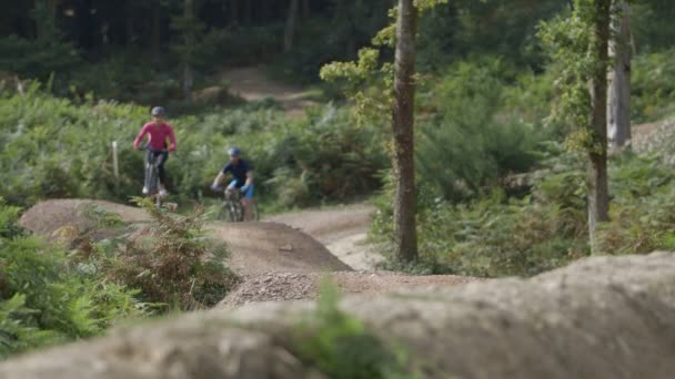 Ciclismo de pareja en pista forestal — Vídeo de stock