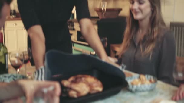 Freunde stoßen an und trinken Rotwein — Stockvideo