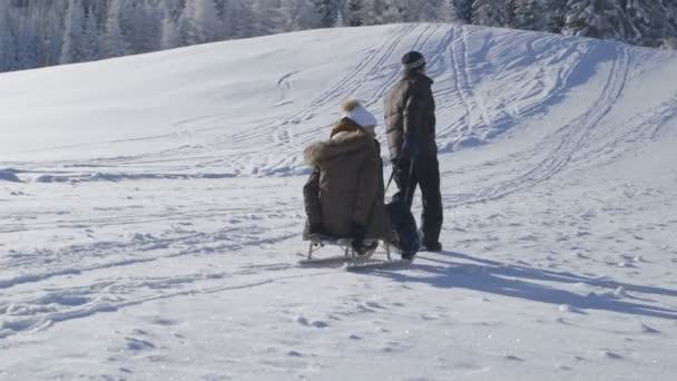 Mann zieht Frau auf Schlitten — Stockvideo