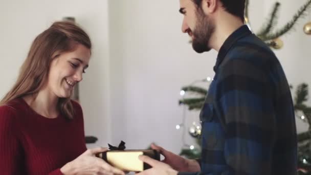 Мужчина дарит подарок женщине — стоковое видео