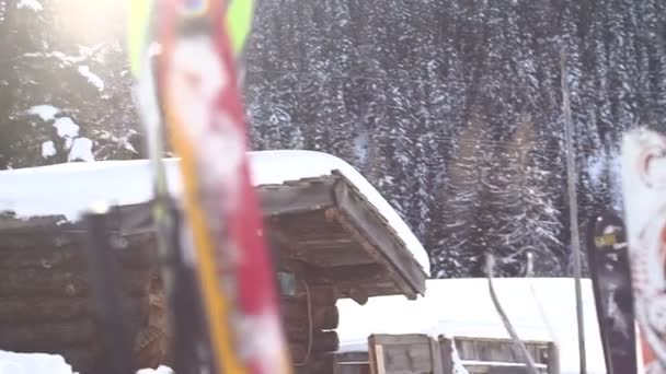 Lyže a lyžařské hůlky — Stock video