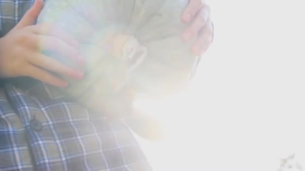 在阳光的映衬下 一个女孩手里拿着一个美丽的南瓜 — 图库视频影像