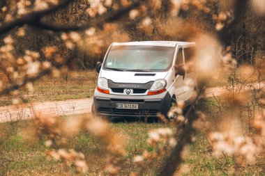 Chernigov, Ukrayna - 20 Nisan 2020: Minibus Renault Trafic in the forest. Ön planda çiçek açan ağaç.
