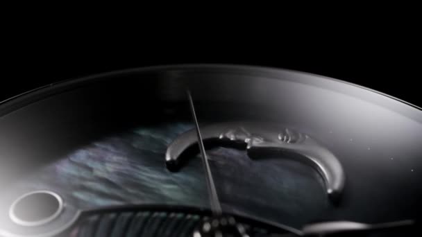 Rotating swiss watch with smiling moon closeup — Vídeo de stock