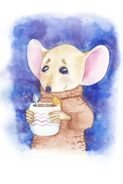 Новогодняя Открытка Милая Мышь Свитере Держит Кружку Чая Лимоном Снег — стоковое фото