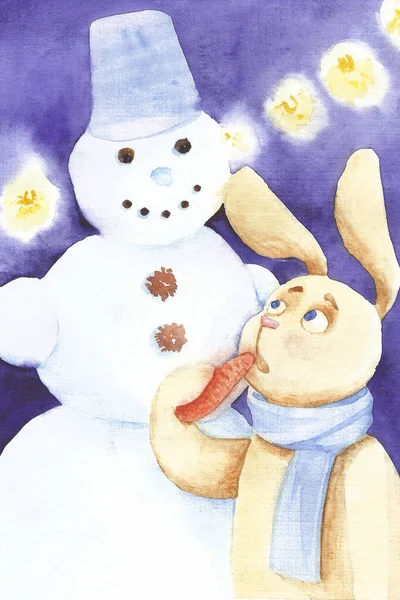 Carte Noël Nouvel Joli Lapin Volé Une Carotte Bonhomme Neige — Photo