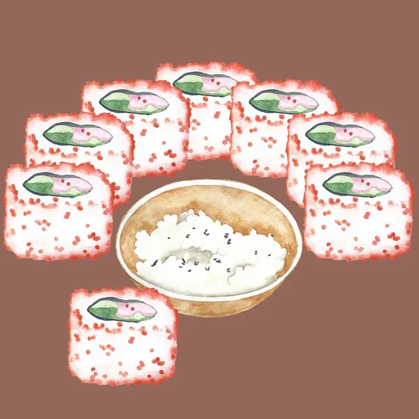 Akvarel Ilustrační Sada Rohlíků Rybami Avokádem Okurkou Kaviárem Rýže Šálku — Stock fotografie