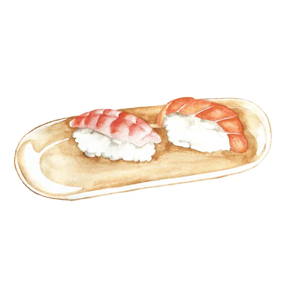 Akvarel Ilustrace Sushi Krevetami Čerstvým Lososem Talíři Bez Pozadí — Stock fotografie