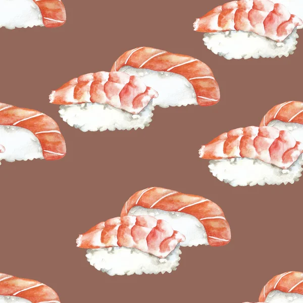 Akvarel Sushi Vzor Krevetami Čerstvým Lososem Rýžový Základ Hnědém Pozadí — Stock fotografie