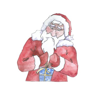 Noel Baba, Noel için hazırlanıyor. Yeni yıl. Hediyeye fiyonk bağlıyor. Suluboya ve doğrucu.