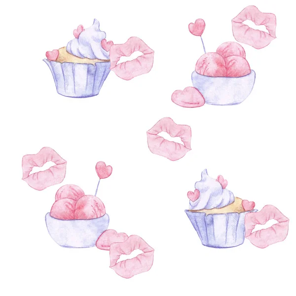 Valentine Day Pattern Sweet Romantic Cupcake Ice Cream Kisses Watercolor — Stock Photo, Image