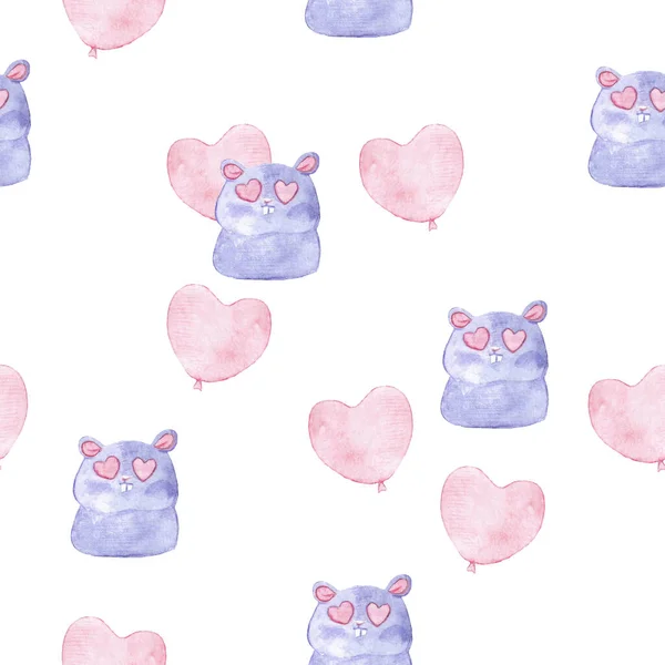 Padrão Dia Dos Namorados Doce Romântico Hamsters Balões Cardíacos Aquarela — Fotografia de Stock