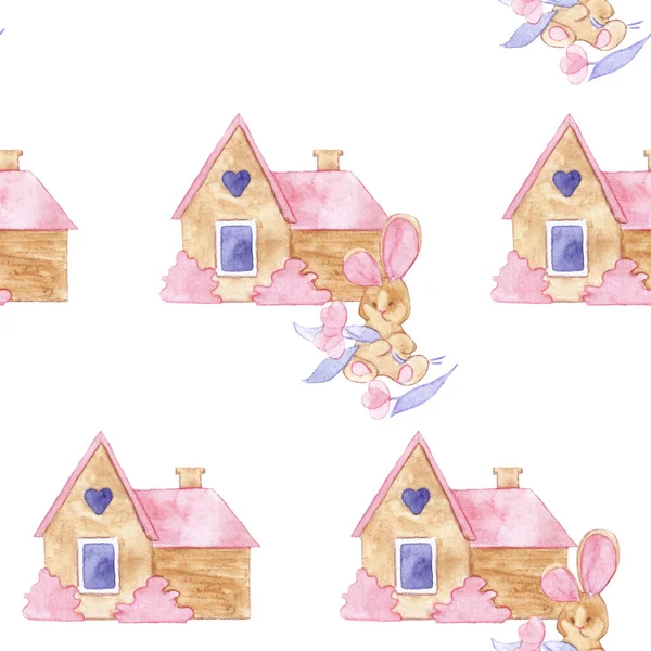 情人节的模式 甜蜜而浪漫 房子和兔子与花 水彩画 — 图库照片