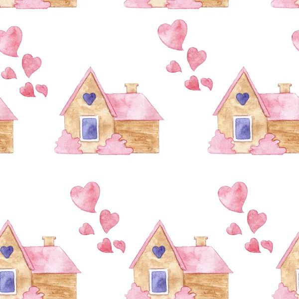 Схема Дня Святого Валентина Сладкий Романтичный Дом Много Сердец Акварель — стоковое фото
