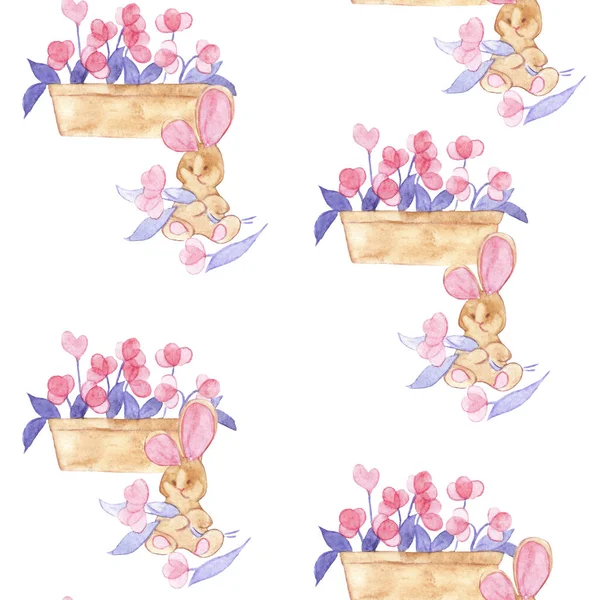 Схема Дня Святого Валентина Сладкий Романтичный Цветочная Кровать Кролик Акварель — стоковое фото