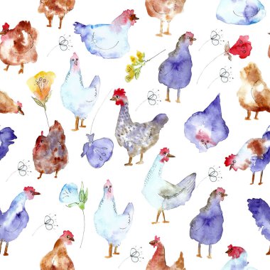 Paskalya için tuhaf tavukları olan kusursuz bir desen. Suluboya