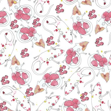 Çilekli komik fare deseni. Suluboya ile yapıldı.