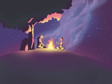 Geceleri ailenle kamp ateşi yakarsın. Anne ve kızı. Yıldızlı gökyüzü.