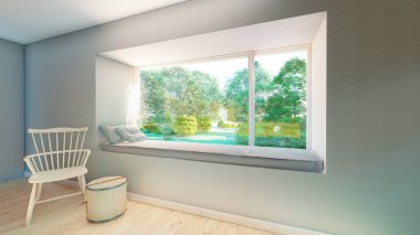 Konforlu oturma odası ve penceredeki yeşil manzara..