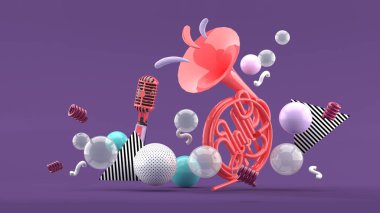Pembe müzik aletleri mavi ve mor arkaplandaki renkli topların arasında..